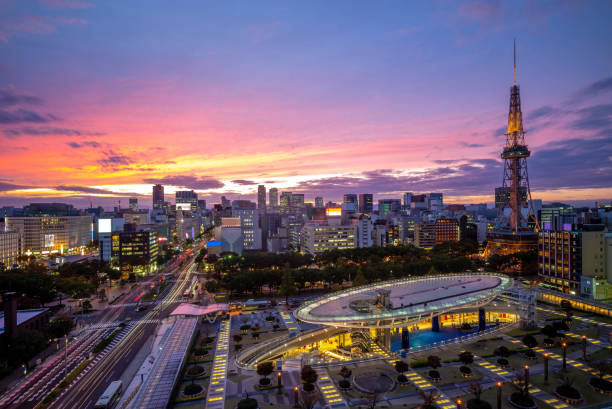 nagoya tv tower is the oldest TV tower in Japan, and was completed in 1954. It is located in the centre of Hisaya odori Park. The tower is 180 metres high, and has two main observation decks at the heights of 90 metres (the indoor Sky Deck) and 100 metres (the outdoor Sky Balcony).